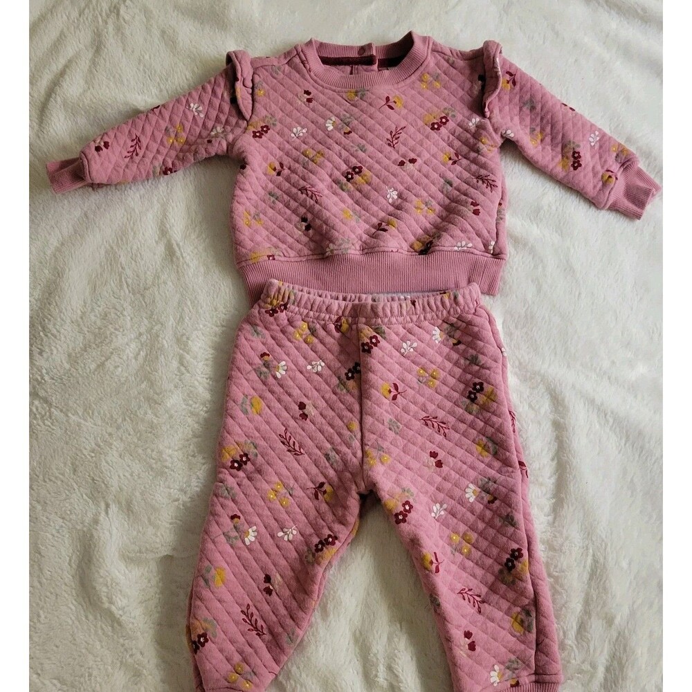 Koala Kids 12M Baby Girl Quilted Pink Floral Sweatshirt Pants Ribbed Knit Cotton